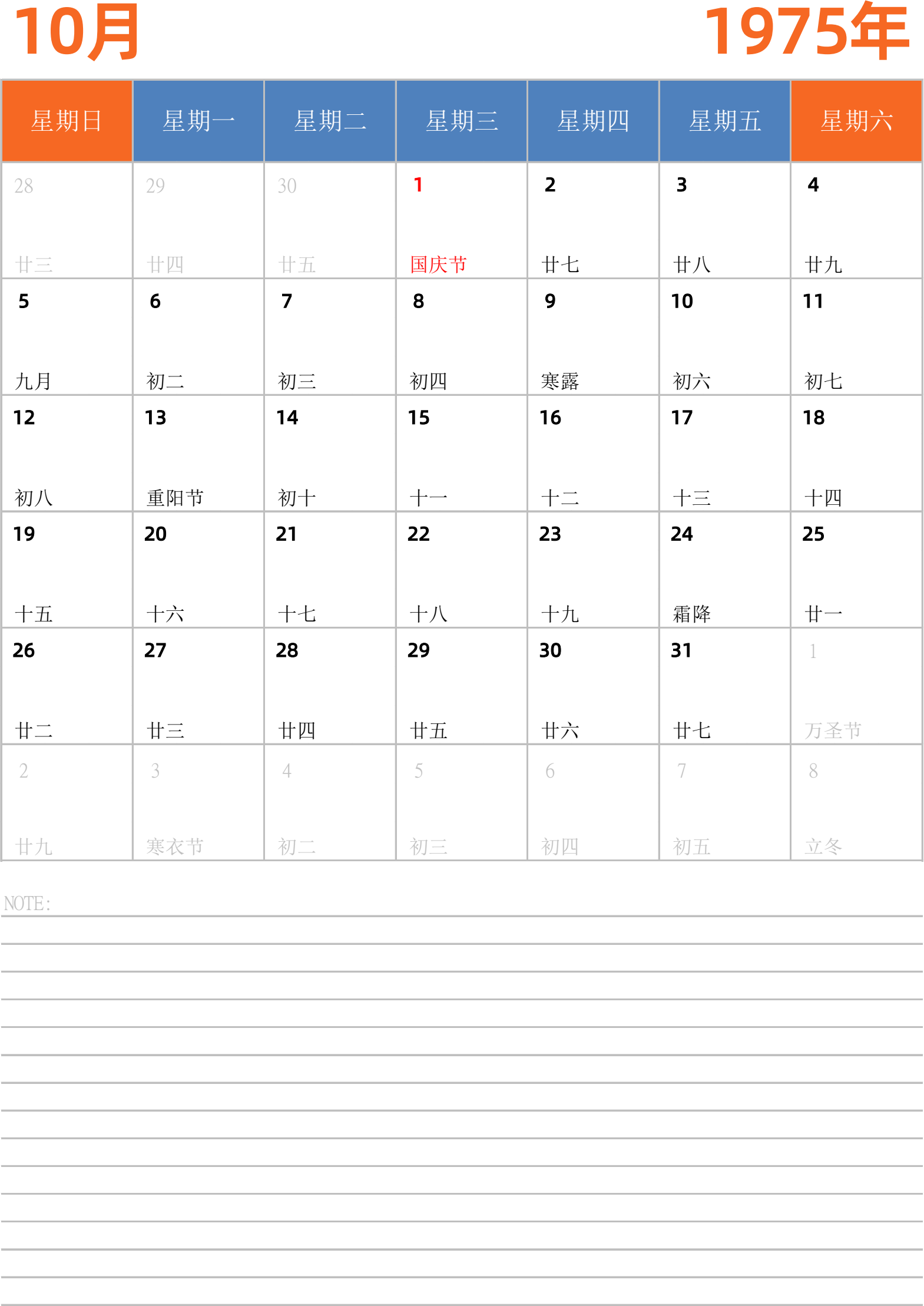 日历表1975年日历 中文版 纵向排版 周日开始 带节假日调休安排